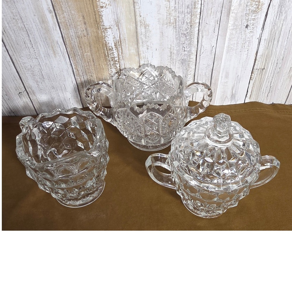 Vintage Fostoria American Clear Glass Creamer and Sugar Bowl Set Diamond Point - Picture 11 of 11